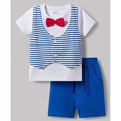 Babyhug Single Jersey Knit Half Sleeves Striped T-Shirt & Shorts Set with Bow Applique - Blue
