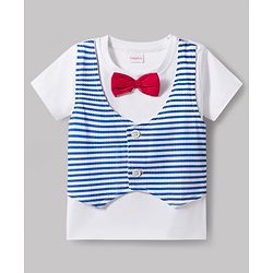 Babyhug Single Jersey Knit Half Sleeves Striped T-Shirt & Shorts Set with Bow Applique - Blue