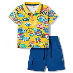 Babyhug Single Jersey Knit Half Sleeves Polo T-Shirt & Shorts Set with Text Print - Blue