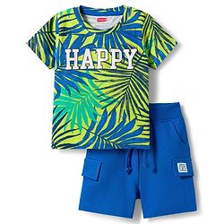 Babyhug Single Jersey Knit Half Sleeves T-Shirt & Shorts Set with Happy Print - Blue