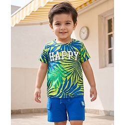 Babyhug Single Jersey Knit Half Sleeves T-Shirt & Shorts Set with Happy Print - Blue
