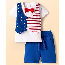 Babyhug 100% Cotton Knit Half Sleeves Polka Dots & Striped Printed T-Shirt With Attached Waiscoat & Shorts Set With Bow Applique - Multicolour