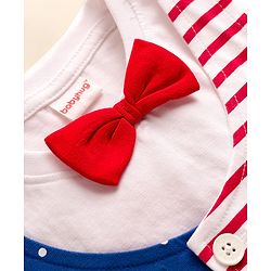 Babyhug 100% Cotton Knit Half Sleeves Polka Dots & Striped Printed T-Shirt With Attached Waiscoat & Shorts Set With Bow Applique - Multicolour