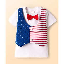 Babyhug 100% Cotton Knit Half Sleeves Polka Dots & Striped Printed T-Shirt With Attached Waiscoat & Shorts Set With Bow Applique - Multicolour