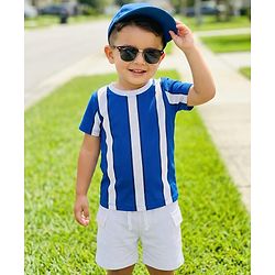 Babyhug 100% Cotton Knit Half Sleeves Striped T-Shirt & Shorts Set - Blue & White
