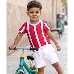 Babyhug Single Jersey Knit Half Sleeves Striped T-Shirt & Shorts Set - Red & White