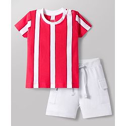 Babyhug Single Jersey Knit Half Sleeves Striped T-Shirt & Shorts Set - Red & White