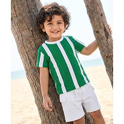 Babyhug 100% Cotton Knit Half Sleeves Striped T-Shirt & Shorts Set - Green