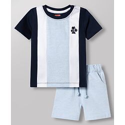 Babyhug Single Jersey Knit Half Sleeves Striped T-Shirt & Shorts Set - Light Blue