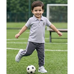 Babyhug Single Jersey Knit Half Sleeves Polo T-Shirt & Lounge Pant Set with Daddy's Champ Embroidery - Grey