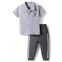 Babyhug Single Jersey Knit Half Sleeves Polo T-Shirt & Lounge Pant Set with Daddy's Champ Embroidery - Grey