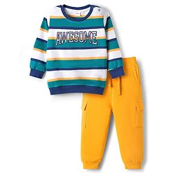Babyhug Single Jersey Knit Full Sleeves Striped T-Shirt & Lounge Pant Set - Multicolor