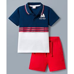 Babyhug Single Jersey Knit Half Sleeves Cut & Sew Polo T-Shirt & Shorts Set - Blue & Red