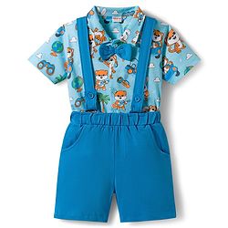Babyhug Single Jersey Knit Half Sleeves Shirt & Shorts Set With Tiger Print & Bow Applique - Multicolor