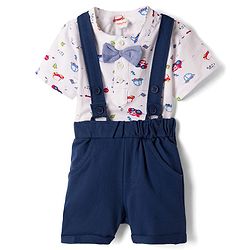 Babyhug 100% Cotton Knit Half Sleeves Vehicles Printed T-Shirt & Shorts Set With Suspender & Bow Applique - White & Navy Blue