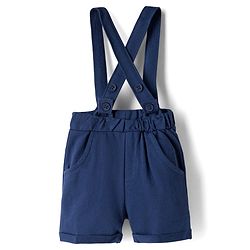 Babyhug 100% Cotton Knit Half Sleeves Vehicles Printed T-Shirt & Shorts Set With Suspender & Bow Applique - White & Navy Blue