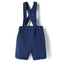 Babyhug 100% Cotton Knit Half Sleeves Vehicles Printed T-Shirt & Shorts Set With Suspender & Bow Applique - White & Navy Blue