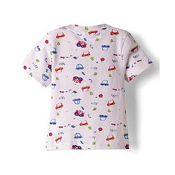 Babyhug 100% Cotton Knit Half Sleeves Vehicles Printed T-Shirt & Shorts Set With Suspender & Bow Applique - White & Navy Blue