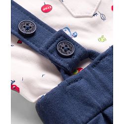 Babyhug 100% Cotton Knit Half Sleeves Vehicles Printed T-Shirt & Shorts Set With Suspender & Bow Applique - White & Navy Blue