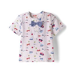 Babyhug 100% Cotton Knit Half Sleeves Vehicles Printed T-Shirt & Shorts Set With Suspender & Bow Applique - White & Navy Blue