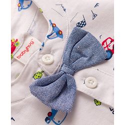 Babyhug 100% Cotton Knit Half Sleeves Vehicles Printed T-Shirt & Shorts Set With Suspender & Bow Applique - White & Navy Blue