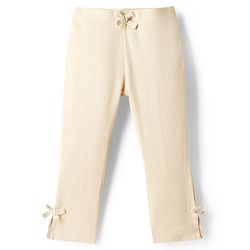 Babyhug Lycra Knit Full Length Striped Leggings With Bow Applique - Beige