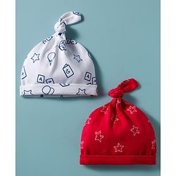 Babyhug 100% Cotton Knit Caps with Star Print Pack of 2 Red & White - Diameter 30 cm