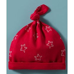 Babyhug 100% Cotton Knit Caps with Star Print Pack of 2 Red & White - Diameter 30 cm