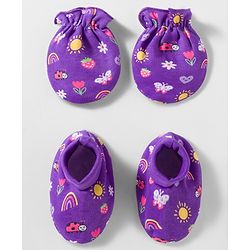 Babyhug 100% Cotton Knit Mittens & Booties With Floral & Rainbow Print - Multicolor