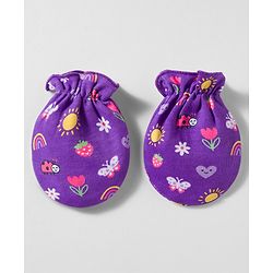 Babyhug 100% Cotton Knit Mittens & Booties With Floral & Rainbow Print - Multicolor