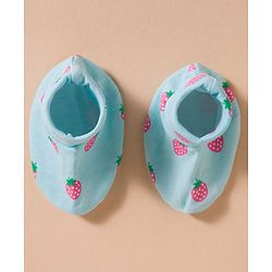 Babyhug 100% Cotton Interlock Knit Mittens & Booties Set With Strawberry Print - Blue