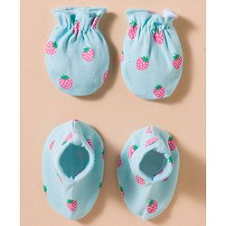 Babyhug 100% Cotton Interlock Knit Mittens & Booties Set With Strawberry Print - Blue