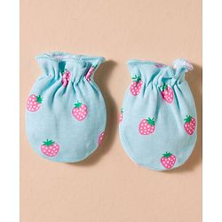 Babyhug 100% Cotton Interlock Knit Mittens & Booties Set With Strawberry Print - Blue