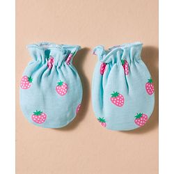 Babyhug 100% Cotton Interlock Knit Mittens & Booties Set With Strawberry Print - Blue