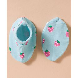 Babyhug 100% Cotton Interlock Knit Mittens & Booties Set With Strawberry Print - Blue