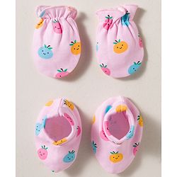 Babyhug 100% Cotton Interlock Knit Mittens & Booties Set With Fruits Print - Pink