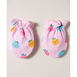 Babyhug 100% Cotton Interlock Knit Mittens & Booties Set With Fruits Print - Pink