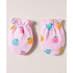 Babyhug 100% Cotton Interlock Knit Mittens & Booties Set With Fruits Print - Pink