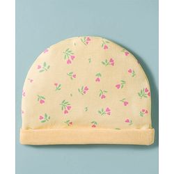 Babyhug 100% Cotton Knit Cap, Mittens & Booties Set with Floral Print Peach - Diameter 16 cm
