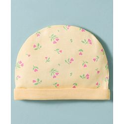 Babyhug 100% Cotton Knit Cap, Mittens & Booties Set with Floral Print Peach - Diameter 16 cm