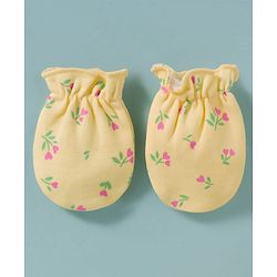Babyhug 100% Cotton Knit Cap, Mittens & Booties Set with Floral Print Peach - Diameter 16 cm