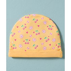 Babyhug 100% Cotton Interlock Knit Cap, Mittens & Booties Set With Floral Print Yellow - Diameter 16 cm