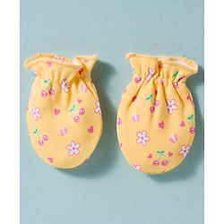 Babyhug 100% Cotton Interlock Knit Cap, Mittens & Booties Set With Floral Print Yellow - Diameter 16 cm