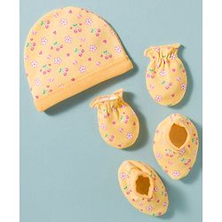 Babyhug 100% Cotton Interlock Knit Cap, Mittens & Booties Set With Floral Print Yellow - Diameter 16 cm