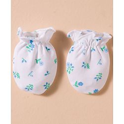 Babyhug 100% Cotton Interlock Knit Cap, Mittens & Booties Set With Floral Print White - Diameter 16 cm