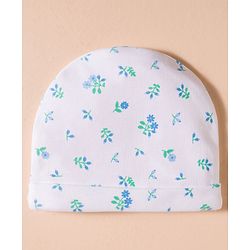 Babyhug 100% Cotton Interlock Knit Cap, Mittens & Booties Set With Floral Print White - Diameter 16 cm