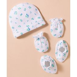 Babyhug 100% Cotton Interlock Knit Cap, Mittens & Booties Set With Floral Print White - Diameter 16 cm