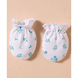 Babyhug 100% Cotton Interlock Knit Cap, Mittens & Booties Set With Floral Print White - Diameter 16 cm