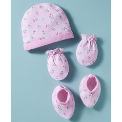 Babyhug 100% Cotton Cap Mittens & Booties with Floral Print Pink - Diameter 16 cm