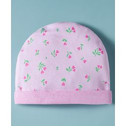 Babyhug 100% Cotton Cap Mittens & Booties with Floral Print Pink - Diameter 16 cm